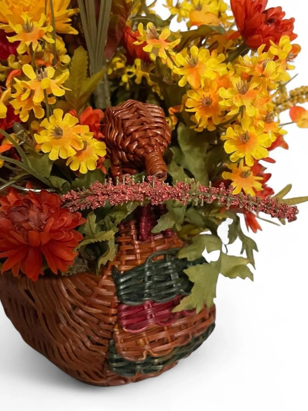 Vintage Turkey Wicker Basket Floral Flower Arrangement Fall Yellow Orange Decor